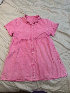 Pink Denim Button-Front Shirt Dress